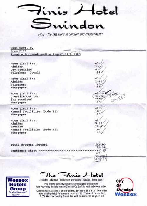 004  One page of Thursday's invoice from  The Finis Hotel, Swindon, 1985.