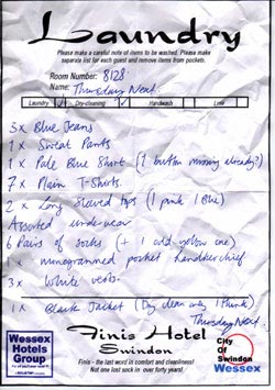 002  Thursday's Laundry list from The Finis Hotel, Swindon, 1985.