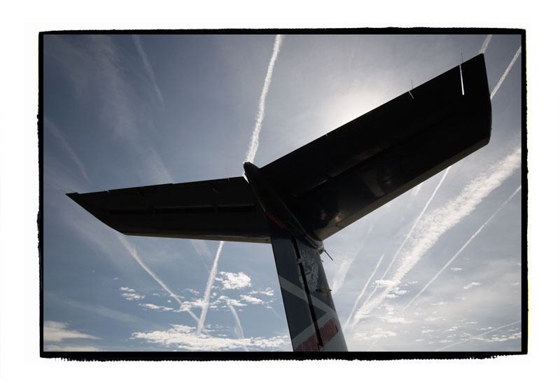 BAC-111 tail fluke, against jetliner traffic heading out of Heathrow. Duxford, 2011.