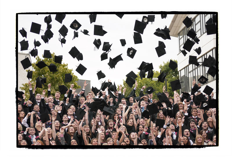 Warwick Univercity, and somewhere in there is my daughter, Rosie. Despite threats of health and safety, the 'throwing mortar-board' tradition still holds strong. Warwick, 2011.