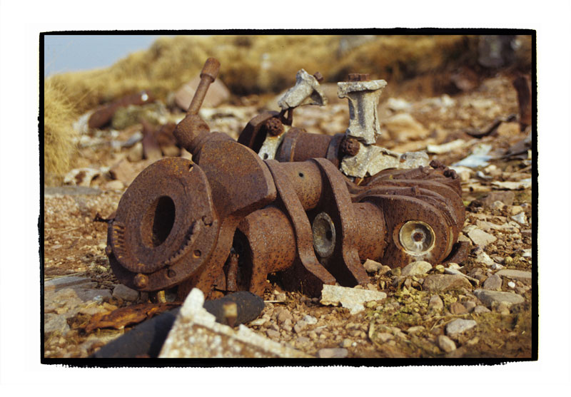 The twisted remains of a merlin crankshaft, one of four which belonged to a Lancaster bomber that came to grief in the Black Mountains in 1942. June 2002