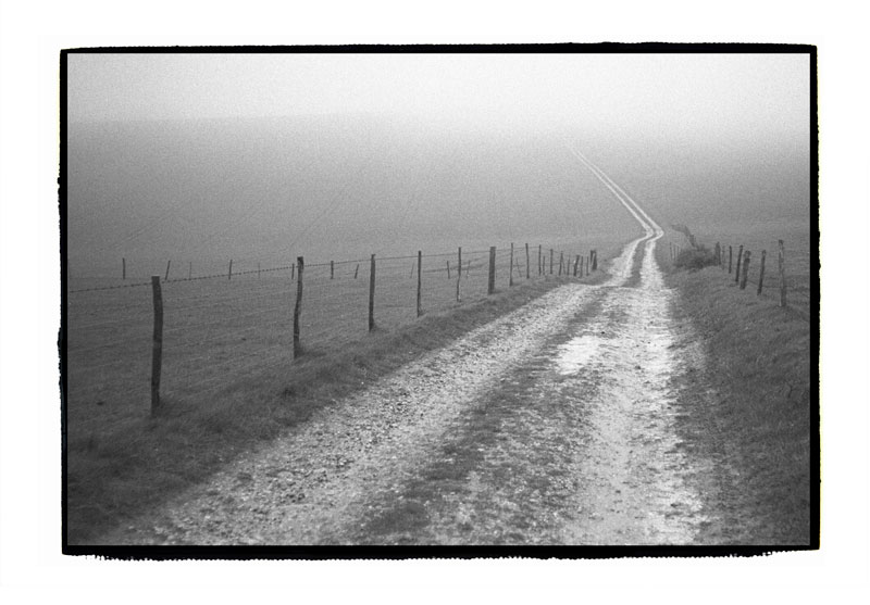 Road and mist in Dorset, early morning filming a crap commercial, 1992
